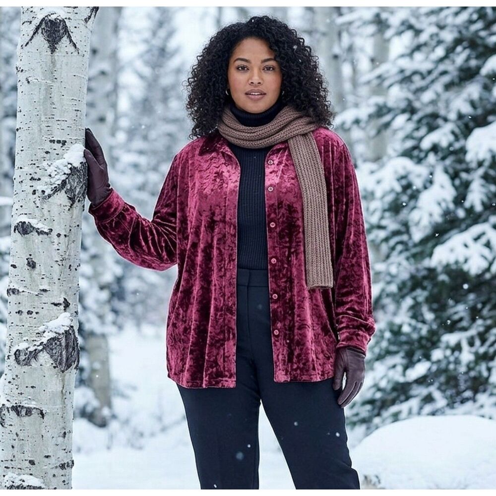White Stag Red Burgundy Wine Crushed Velvet Button Up Top Size XL(16-18)